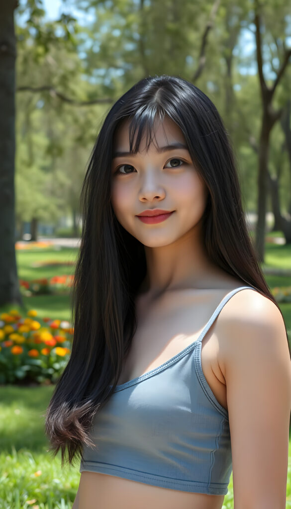 A close up photo show a young Asian girl with long, flowing black straight hair same length left and right and round, expressive eyes stands confidently in a vibrant, sunlit park. She wears a short, cropped grey tank top that accentuates her perfect curves, deep v-neck. Her full, kissable lips are slightly parted, revealing a warm smile. The background features lush green grass, colorful flowers, and tall trees with sunlight filtering through the leaves, casting a soft glow on her flawless skin. The scene is bright and cheerful, with a sense of playful energy and youthful charm.