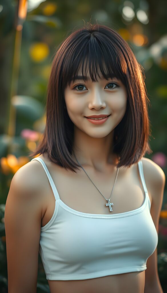 A close-up portrait of a girl standing in a tropical garden at golden hour. She is wearing a white short cropped tank top, her straight maroon hair is styled in beautiful Korean bangs and a shoulder length bob cut. She looks at the viewer with a warm smile, her amber eyes shining brightly. The background is softly blurred, creating a dreamy bokeh effect with lush greenery and colorful flowers. She wears a silver necklace with a cross.