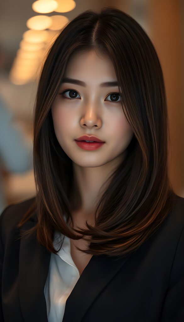 A close-up portrait of a breathtakingly stunning Asian girl with shoulder-length, sleek black hair and brown highlights styled in a stylish blowout. Her hair cascades elegantly around her face, highlighting her radiant brown eyes and delicate features. The lighting accentuates her complexion, creating a soft, glowing effect. She is dressed in a chic dark business suit with a white shirt underneath that complements her hairstyle, and the composition focuses on her captivating expression and refined beauty. The background is a blur of warm, bokeh lights, enhancing the dreamy and sophisticated atmosphere.