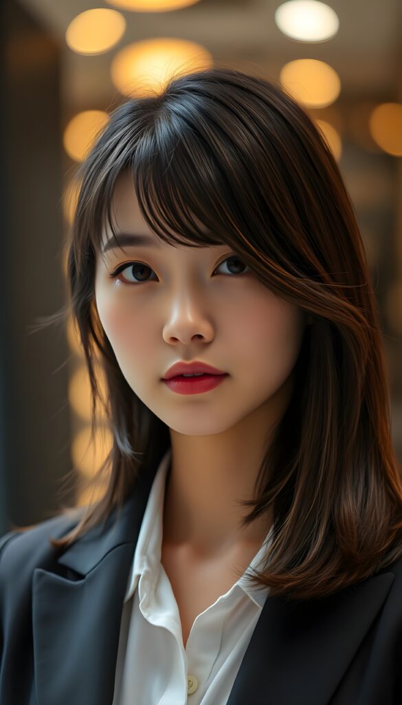A close-up portrait of a breathtakingly stunning Asian girl with shoulder-length, sleek black hair and brown highlights styled in a stylish blowout. Her hair cascades elegantly around her face, highlighting her radiant brown eyes and delicate features. The lighting accentuates her complexion, creating a soft, glowing effect. She is dressed in a chic dark business suit with a white shirt underneath that complements her hairstyle, and the composition focuses on her captivating expression and refined beauty. The background is a blur of warm, bokeh lights, enhancing the dreamy and sophisticated atmosphere.