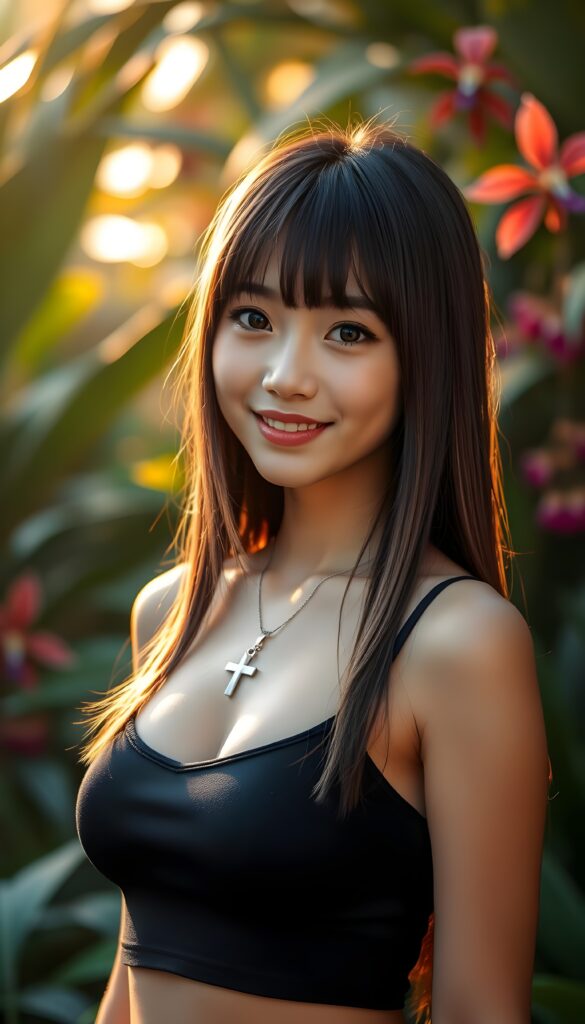 A close-up portrait of a well busty anime like Japanese girl standing in a tropical garden at golden hour. She is wearing a black short cropped spaghetti tank top, her straight long maroon soft open hair is styled in beautiful Korean bangs with blond highlights, symmetrical hair. She looks at the viewer with a warm smile, her amber eyes shining brightly. The background is softly blurred, creating a dreamy bokeh effect with lush greenery and colorful flowers. She wears a silver necklace with a cross. Cute. Fit body.