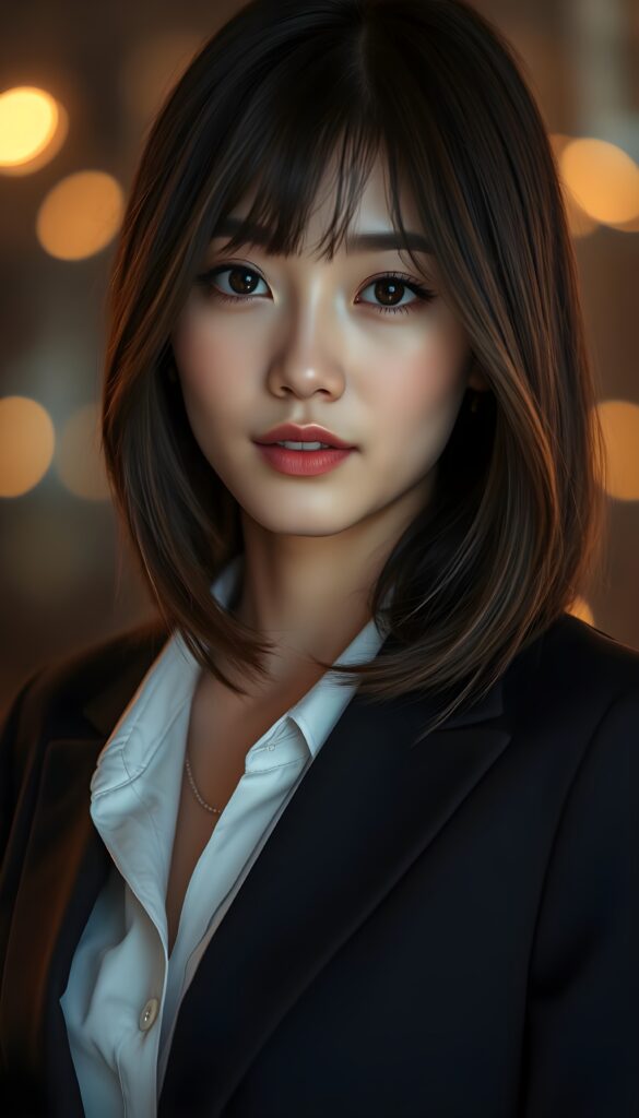 A close-up portrait of a breathtakingly stunning Asian girl with shoulder-length, sleek black hair and brown highlights styled in a stylish blowout. Her hair cascades elegantly around her face, highlighting her radiant brown eyes and delicate features. The lighting accentuates her complexion, creating a soft, glowing effect. She is dressed in a chic dark business suit with a white shirt underneath that complements her hairstyle, and the composition focuses on her captivating expression and refined beauty. The background is a blur of warm, bokeh lights, enhancing the dreamy and sophisticated atmosphere.