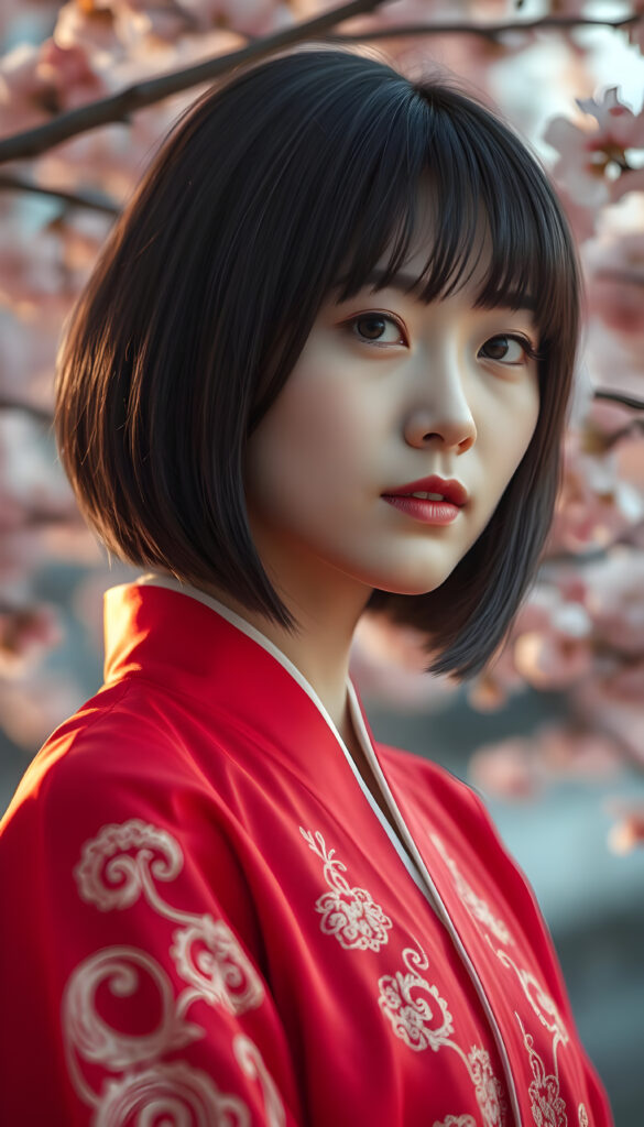 A close-up portrait of a breathtakingly stunning Korean girl with length, sleek black hair styled in a chic blowout. Her bangs are perfectly aligned, framing her face. She is wearing a vibrant red traditional hanbok with intricate gold embroidery, standing against a backdrop of cherry blossom trees in full bloom. The lighting is soft and warm, casting a gentle glow on her flawless skin and highlighting her warm brown eyes. The composition captures her serene expression and the delicate beauty of the hanbok and cherry blossoms, creating a harmonious blend of traditional and natural elegance.