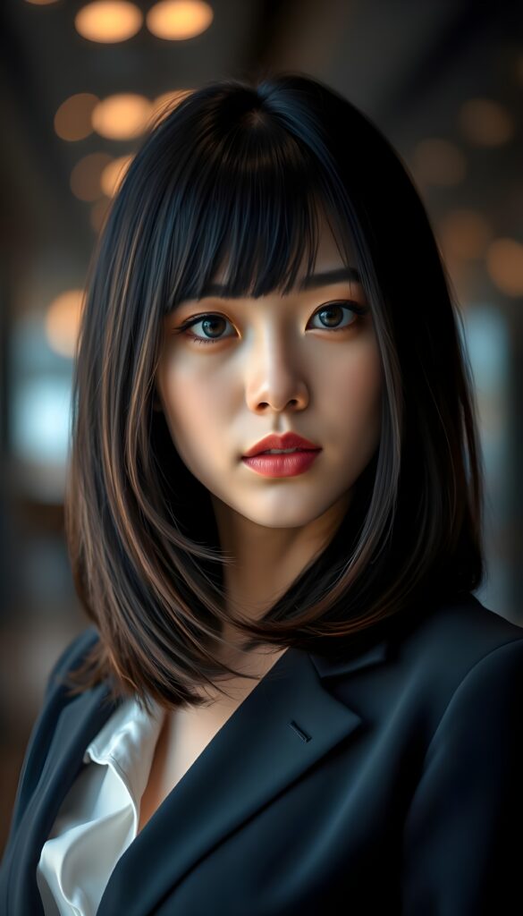 A close-up portrait of a breathtakingly stunning Asian girl with shoulder-length, sleek black hair and brown highlights styled in a stylish blowout. Her hair cascades elegantly around her face, highlighting her radiant brown eyes and delicate features. The lighting accentuates her complexion, creating a soft, glowing effect. She is dressed in a chic dark business suit with a white shirt underneath that complements her hairstyle, and the composition focuses on her captivating expression and refined beauty. The background is a blur of warm, bokeh lights, enhancing the dreamy and sophisticated atmosphere.