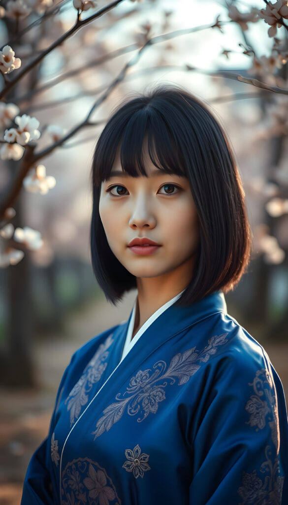 A close-up portrait of a breathtakingly stunning Korean girl with shoulder-length, sleek black hair styled in a chic blowout. Her bangs are perfectly aligned, framing her face. Bob cut. She is wearing a vibrant blue traditional hanbok with intricate gold embroidery, standing against a backdrop of cherry blossom trees in full bloom. The lighting is soft and warm, casting a gentle glow on her flawless skin and highlighting her warm brown eyes. The composition captures her serene expression and the delicate beauty of the hanbok and cherry blossoms, creating a harmonious blend of traditional and natural elegance.