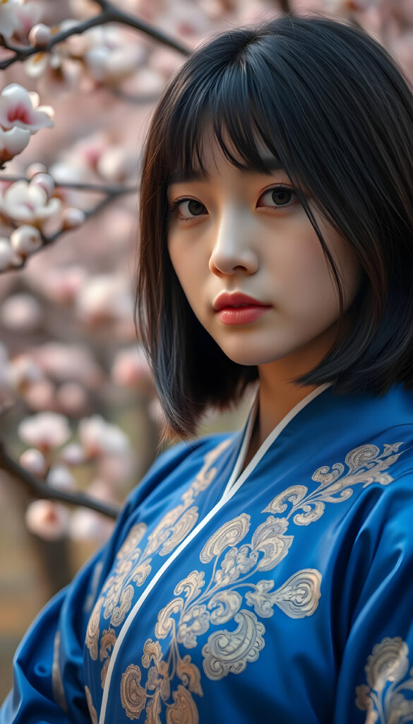 A close-up portrait of a breathtakingly stunning Korean girl with shoulder-length, sleek black hair styled in a chic blowout. Her bangs are perfectly aligned, framing her face. Bob cut. She is wearing a vibrant blue traditional hanbok with intricate gold embroidery, standing against a backdrop of cherry blossom trees in full bloom. The lighting is soft and warm, casting a gentle glow on her flawless skin and highlighting her warm brown eyes. The composition captures her serene expression and the delicate beauty of the hanbok and cherry blossoms, creating a harmonious blend of traditional and natural elegance.