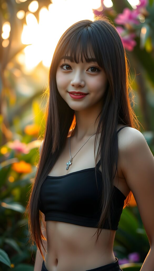 A close-up portrait of a well busty anime like Japanese girl standing in a tropical garden at golden hour. She is wearing a black short cropped spaghetti tank top, her straight long maroon soft open hair is styled in beautiful Korean bangs with blond highlights, symmetrical hair. She looks at the viewer with a warm smile, her amber eyes shining brightly. The background is softly blurred, creating a dreamy bokeh effect with lush greenery and colorful flowers. She wears a silver necklace with a cross. Cute. Fit body.
