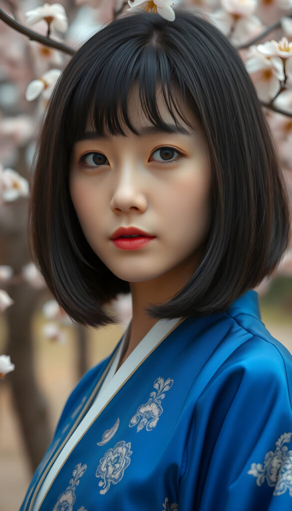 A close-up portrait of a breathtakingly stunning Korean girl with shoulder-length, sleek black hair styled in a chic blowout. Her bangs are perfectly aligned, framing her face. Bob cut. She is wearing a vibrant blue traditional hanbok with intricate gold embroidery, standing against a backdrop of cherry blossom trees in full bloom. The lighting is soft and warm, casting a gentle glow on her flawless skin and highlighting her warm brown eyes. The composition captures her serene expression and the delicate beauty of the hanbok and cherry blossoms, creating a harmonious blend of traditional and natural elegance.
