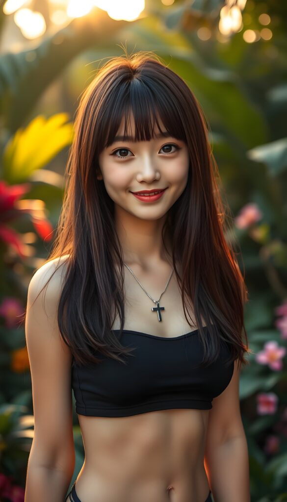 A close-up portrait of a well busty anime like Japanese girl standing in a tropical garden at golden hour. She is wearing a black short cropped spaghetti tank top, her straight long maroon soft open hair is styled in beautiful Korean bangs with blond highlights, symmetrical hair. She looks at the viewer with a warm smile, her amber eyes shining brightly. The background is softly blurred, creating a dreamy bokeh effect with lush greenery and colorful flowers. She wears a silver necklace with a cross. Cute. Fit body.