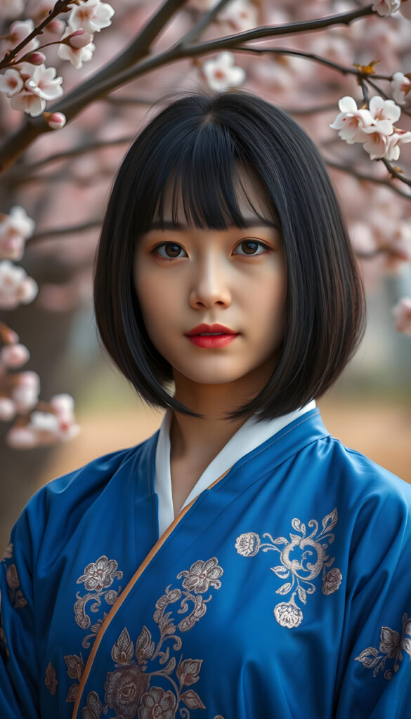 A close-up portrait of a breathtakingly stunning Korean girl with shoulder-length, sleek black hair styled in a chic blowout. Her bangs are perfectly aligned, framing her face. Bob cut. She is wearing a vibrant blue traditional hanbok with intricate gold embroidery, standing against a backdrop of cherry blossom trees in full bloom. The lighting is soft and warm, casting a gentle glow on her flawless skin and highlighting her warm brown eyes. The composition captures her serene expression and the delicate beauty of the hanbok and cherry blossoms, creating a harmonious blend of traditional and natural elegance.