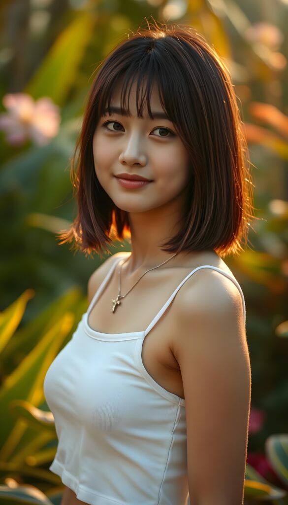 A close-up portrait of a girl standing in a tropical garden at golden hour. She is wearing a white short cropped tank top, her straight maroon hair is styled in beautiful Korean bangs and a shoulder length bob cut. She looks at the viewer with a warm smile, her amber eyes shining brightly. The background is softly blurred, creating a dreamy bokeh effect with lush greenery and colorful flowers. She wears a silver necklace with a cross.