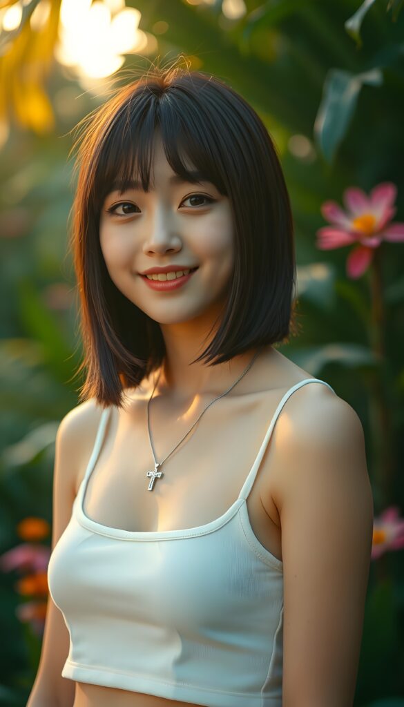 A close-up portrait of a girl standing in a tropical garden at golden hour. She is wearing a white short cropped tank top, her straight maroon hair is styled in beautiful Korean bangs and a shoulder length bob cut. She looks at the viewer with a warm smile, her amber eyes shining brightly. The background is softly blurred, creating a dreamy bokeh effect with lush greenery and colorful flowers. She wears a silver necklace with a cross.