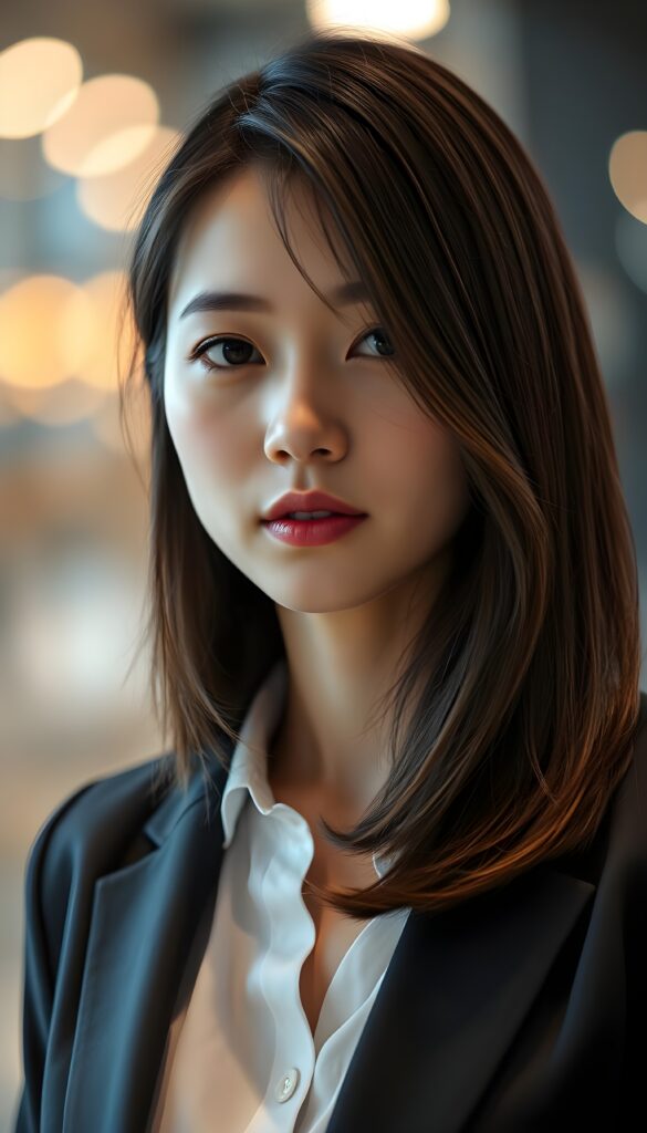 A close-up portrait of a breathtakingly stunning Asian girl with shoulder-length, sleek black hair and brown highlights styled in a stylish blowout. Her hair cascades elegantly around her face, highlighting her radiant brown eyes and delicate features. The lighting accentuates her complexion, creating a soft, glowing effect. She is dressed in a chic dark business suit with a white shirt underneath that complements her hairstyle, and the composition focuses on her captivating expression and refined beauty. The background is a blur of warm, bokeh lights, enhancing the dreamy and sophisticated atmosphere.