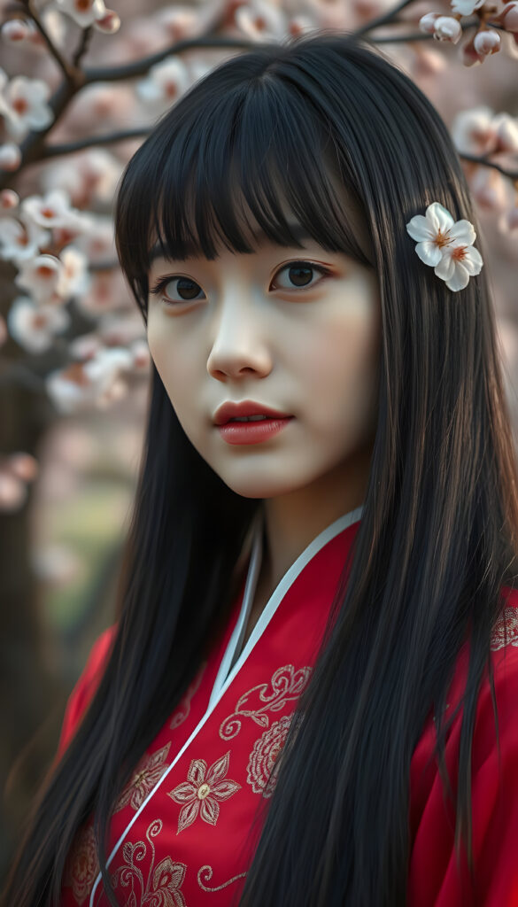 A close-up portrait of a breathtakingly stunning Korean girl with length, sleek black hair styled in a chic blowout. Her bangs are perfectly aligned, framing her face. She is wearing a vibrant red traditional hanbok with intricate gold embroidery, standing against a backdrop of cherry blossom trees in full bloom. The lighting is soft and warm, casting a gentle glow on her flawless skin and highlighting her warm brown eyes. The composition captures her serene expression and the delicate beauty of the hanbok and cherry blossoms, creating a harmonious blend of traditional and natural elegance.