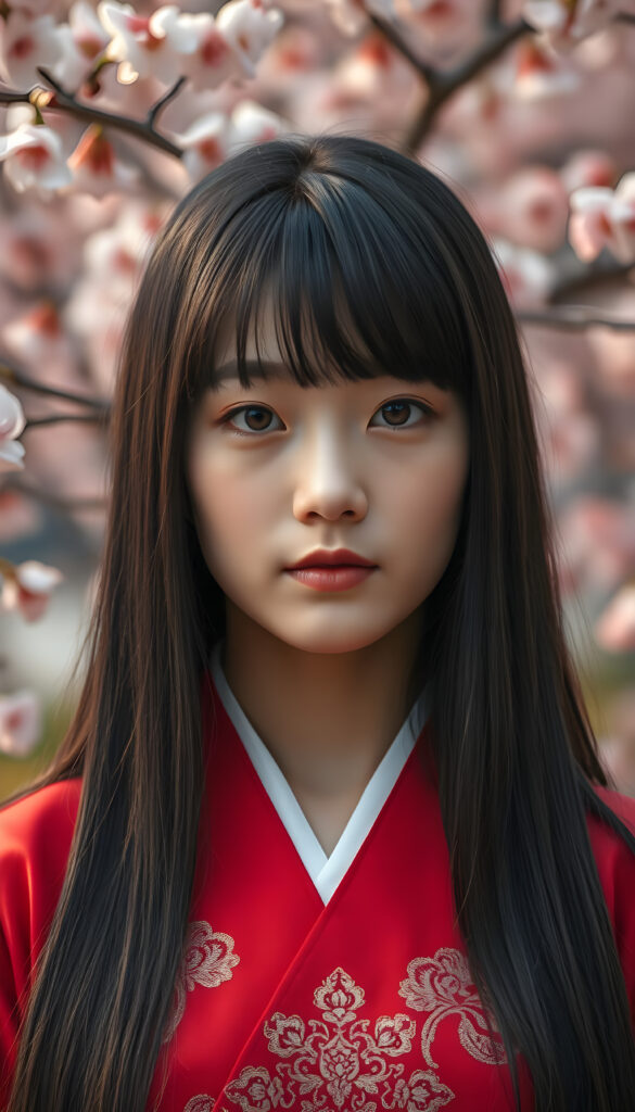 A close-up portrait of a breathtakingly stunning Korean girl with length, sleek black hair styled in a chic blowout. Her bangs are perfectly aligned, framing her face. She is wearing a vibrant red traditional hanbok with intricate gold embroidery, standing against a backdrop of cherry blossom trees in full bloom. The lighting is soft and warm, casting a gentle glow on her flawless skin and highlighting her warm brown eyes. The composition captures her serene expression and the delicate beauty of the hanbok and cherry blossoms, creating a harmonious blend of traditional and natural elegance.