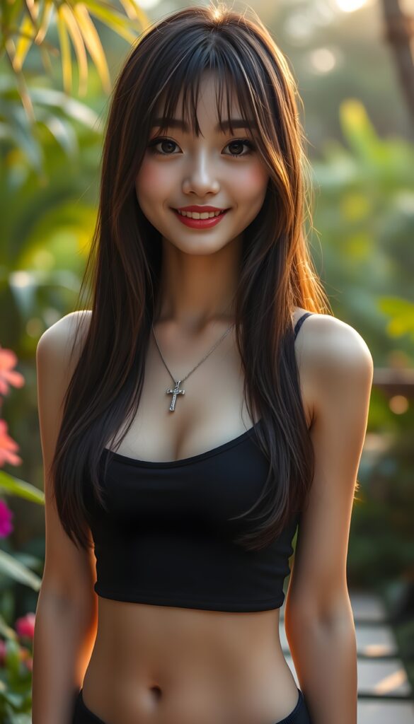 A close-up portrait of a well busty anime like Japanese girl standing in a tropical garden at golden hour. She is wearing a black short cropped spaghetti tank top, her straight long maroon soft open hair is styled in beautiful Korean bangs with blond highlights, symmetrical hair. She looks at the viewer with a warm smile, her amber eyes shining brightly. The background is softly blurred, creating a dreamy bokeh effect with lush greenery and colorful flowers. She wears a silver necklace with a cross. Cute. Fit body.