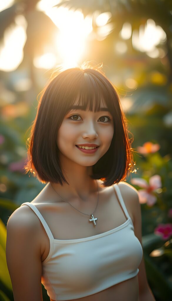 A close-up portrait of a girl standing in a tropical garden at golden hour. She is wearing a white short cropped tank top, her straight maroon hair is styled in beautiful Korean bangs and a shoulder length bob cut. She looks at the viewer with a warm smile, her amber eyes shining brightly. The background is softly blurred, creating a dreamy bokeh effect with lush greenery and colorful flowers. She wears a silver necklace with a cross.