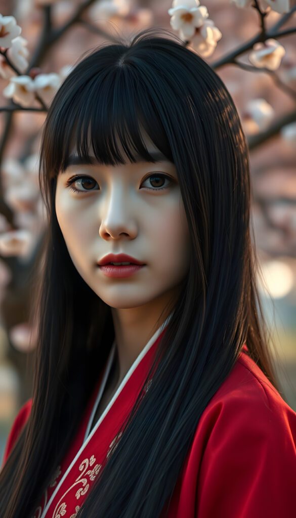 A close-up portrait of a breathtakingly stunning Korean girl with length, sleek black hair styled in a chic blowout. Her bangs are perfectly aligned, framing her face. She is wearing a vibrant red traditional hanbok with intricate gold embroidery, standing against a backdrop of cherry blossom trees in full bloom. The lighting is soft and warm, casting a gentle glow on her flawless skin and highlighting her warm brown eyes. The composition captures her serene expression and the delicate beauty of the hanbok and cherry blossoms, creating a harmonious blend of traditional and natural elegance.