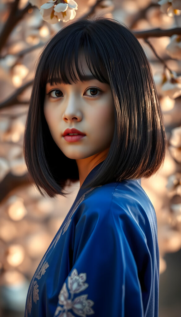 A close-up portrait of a breathtakingly stunning Korean girl with shoulder-length, sleek black hair styled in a chic blowout. Her bangs are perfectly aligned, framing her face. Bob cut. She is wearing a vibrant blue traditional hanbok with intricate gold embroidery, standing against a backdrop of cherry blossom trees in full bloom. The lighting is soft and warm, casting a gentle glow on her flawless skin and highlighting her warm brown eyes. The composition captures her serene expression and the delicate beauty of the hanbok and cherry blossoms, creating a harmonious blend of traditional and natural elegance.