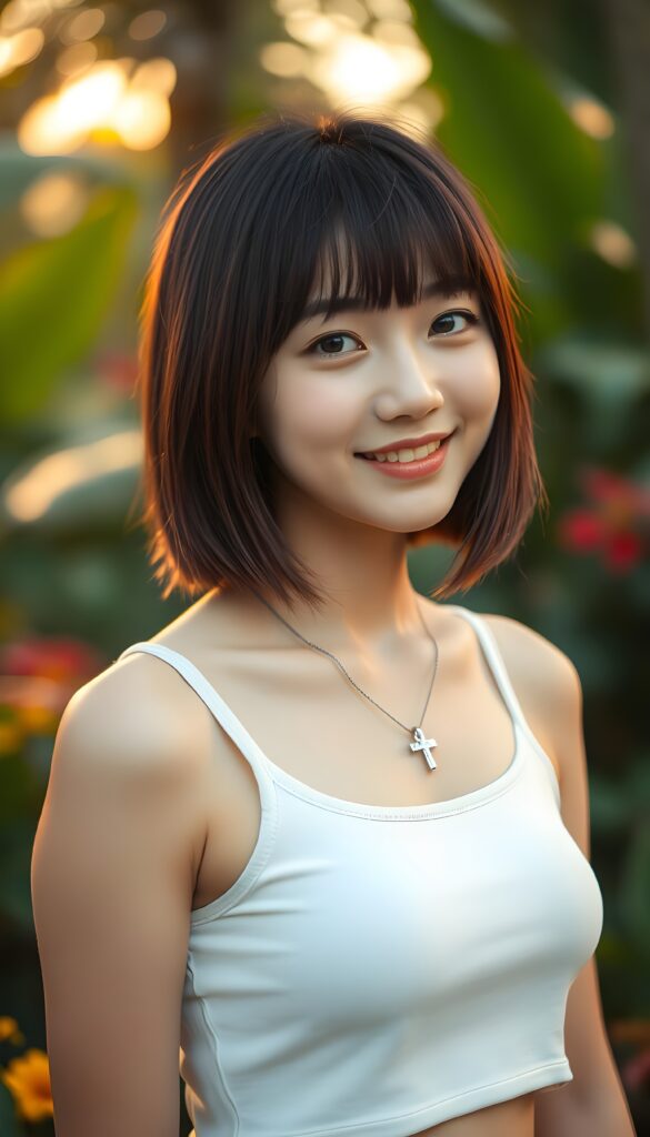 A close-up portrait of a girl standing in a tropical garden at golden hour. She is wearing a white short cropped tank top, her straight maroon hair is styled in beautiful Korean bangs and a shoulder length bob cut. She looks at the viewer with a warm smile, her amber eyes shining brightly. The background is softly blurred, creating a dreamy bokeh effect with lush greenery and colorful flowers. She wears a silver necklace with a cross.