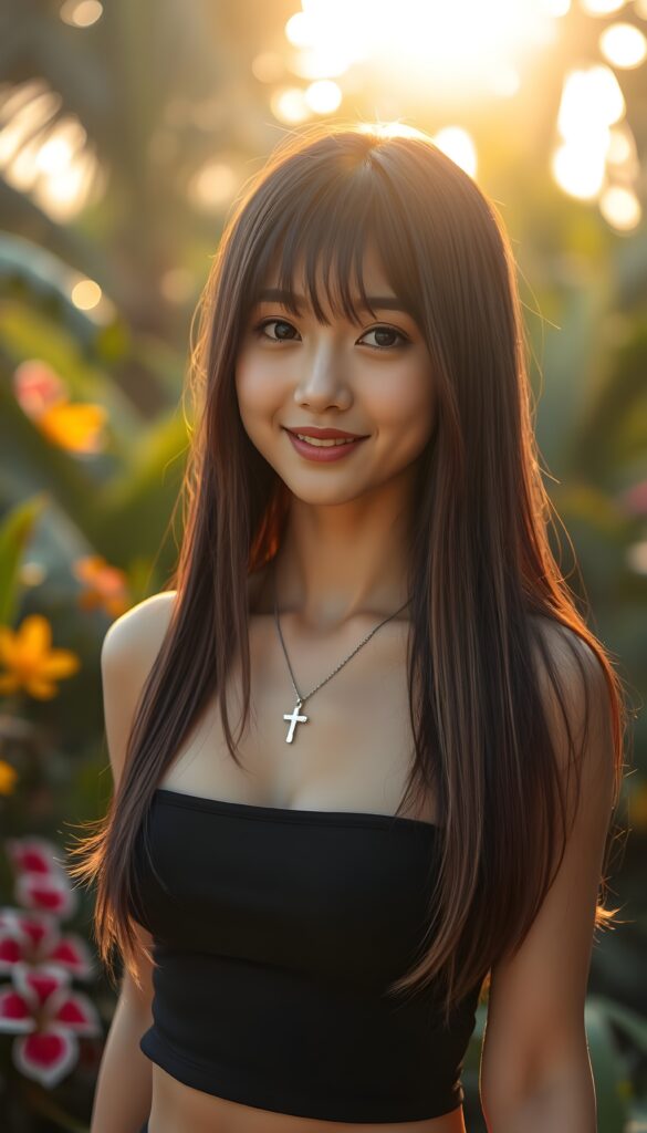 A close-up portrait of a well busty anime like Japanese girl standing in a tropical garden at golden hour. She is wearing a black short cropped spaghetti tank top, her straight long maroon soft open hair is styled in beautiful Korean bangs with blond highlights, symmetrical hair. She looks at the viewer with a warm smile, her amber eyes shining brightly. The background is softly blurred, creating a dreamy bokeh effect with lush greenery and colorful flowers. She wears a silver necklace with a cross. Cute. Fit body.