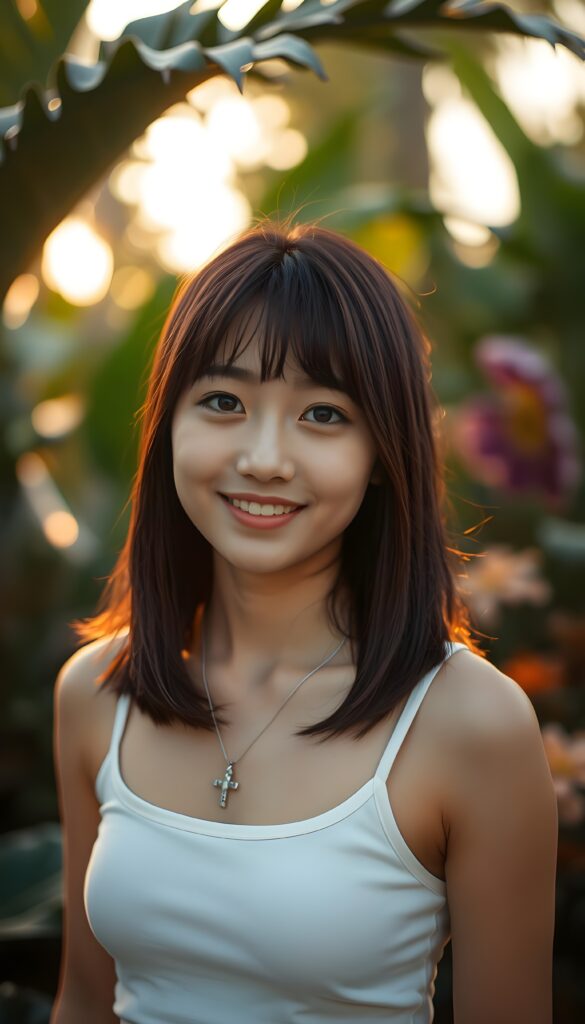 A close-up portrait of a girl standing in a tropical garden at golden hour. She is wearing a white short cropped tank top, her straight maroon hair is styled in beautiful Korean bangs and a shoulder length bob cut. She looks at the viewer with a warm smile, her amber eyes shining brightly. The background is softly blurred, creating a dreamy bokeh effect with lush greenery and colorful flowers. She wears a silver necklace with a cross.