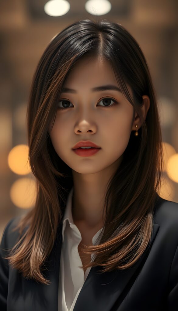 A close-up portrait of a breathtakingly stunning Asian girl with shoulder-length, sleek black hair and brown highlights styled in a stylish blowout. Her hair cascades elegantly around her face, highlighting her radiant brown eyes and delicate features. The lighting accentuates her complexion, creating a soft, glowing effect. She is dressed in a chic dark business suit with a white shirt underneath that complements her hairstyle, and the composition focuses on her captivating expression and refined beauty. The background is a blur of warm, bokeh lights, enhancing the dreamy and sophisticated atmosphere.