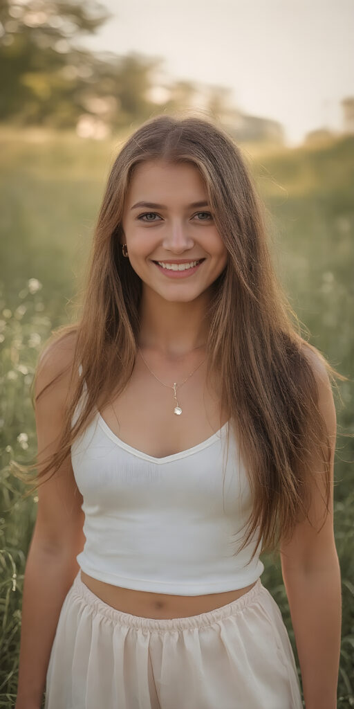 A confident adult girl stands proudly on a warm summer day in the nature, her sleek, detailed face radiating joy. She is dressed in a fitted, deep-neck white top that showcases her perfect figure and a short, flowy summer skirt that highlights her carefree spirit. Her long, straight copper red hair cascades down her back, adding a touch of elegance to her youthful appearance. Her outfit is complete, accentuating her summer vibe without any distracting accessories, such as a simple, elegant hairstyle drawing attention to her beautiful features instead of a necklace.