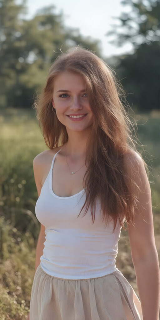 A confident adult girl stands proudly on a warm summer day in the nature, her sleek, detailed face radiating joy. She is dressed in a fitted, deep-neck white top that showcases her perfect figure and a short, flowy summer skirt that highlights her carefree spirit. Her long, straight copper red hair cascades down her back, adding a touch of elegance to her youthful appearance. Her outfit is complete, accentuating her summer vibe without any distracting accessories, such as a simple, elegant hairstyle drawing attention to her beautiful features instead of a necklace.