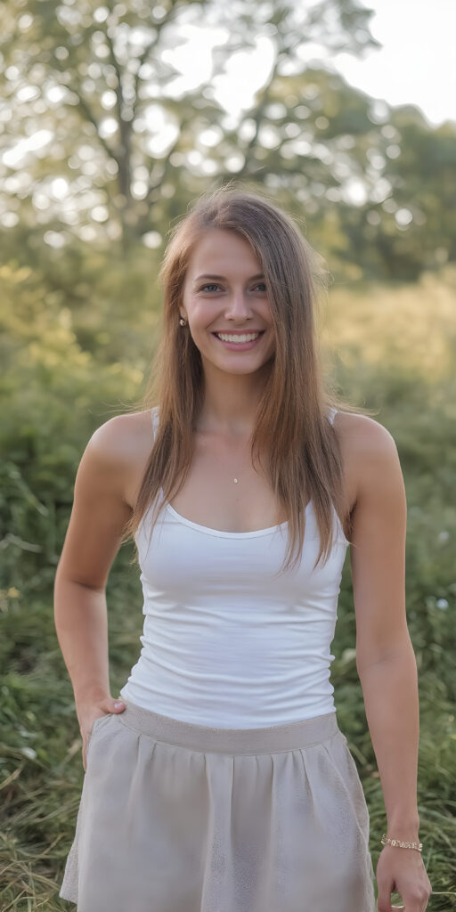 A confident adult girl stands proudly on a warm summer day in the nature, her sleek, detailed face radiating joy. She is dressed in a fitted, deep-neck white top that showcases her perfect figure and a short, flowy summer skirt that highlights her carefree spirit. Her long, straight copper red hair cascades down her back, adding a touch of elegance to her youthful appearance. Her outfit is complete, accentuating her summer vibe without any distracting accessories, such as a simple, elegant hairstyle drawing attention to her beautiful features instead of a necklace.