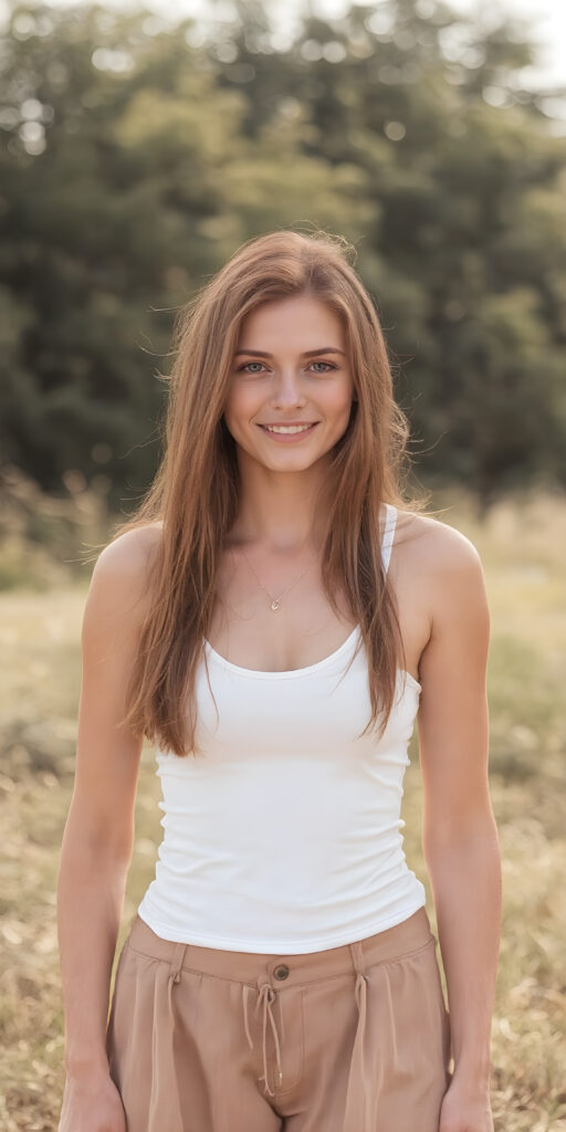 A confident adult girl stands proudly on a warm summer day in the nature, her sleek, detailed face radiating joy. She is dressed in a fitted, deep-neck white top that showcases her perfect figure and a short, flowy summer skirt that highlights her carefree spirit. Her long, straight copper red hair cascades down her back, adding a touch of elegance to her youthful appearance. Her outfit is complete, accentuating her summer vibe without any distracting accessories, such as a simple, elegant hairstyle drawing attention to her beautiful features instead of a necklace.