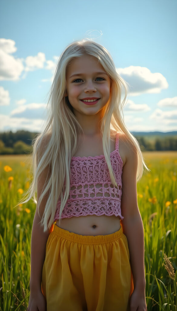 A cute girl with pale skin and long, flowing white hair, wearing a pink crocheted top and a yellow mini skirt, you can see her belly button, stands in a sunny meadow with lush green grass. The scene is bathed in warm, golden sunlight, casting a soft, dreamy glow over everything. She smiles warmly. The background features a clear blue sky with fluffy white clouds and a distant forest, creating a serene and enchanting atmosphere.