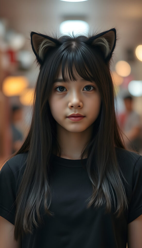 A cute young Asian girl with long, black, detailed hair and fluffy little cat ears.