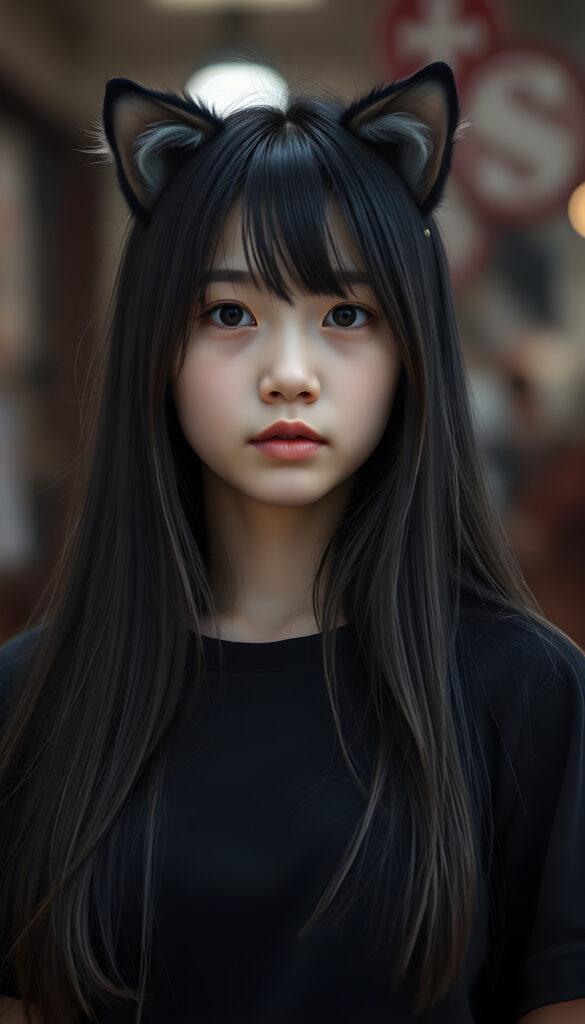 A cute young Asian girl with long, black, detailed hair and fluffy little cat ears.