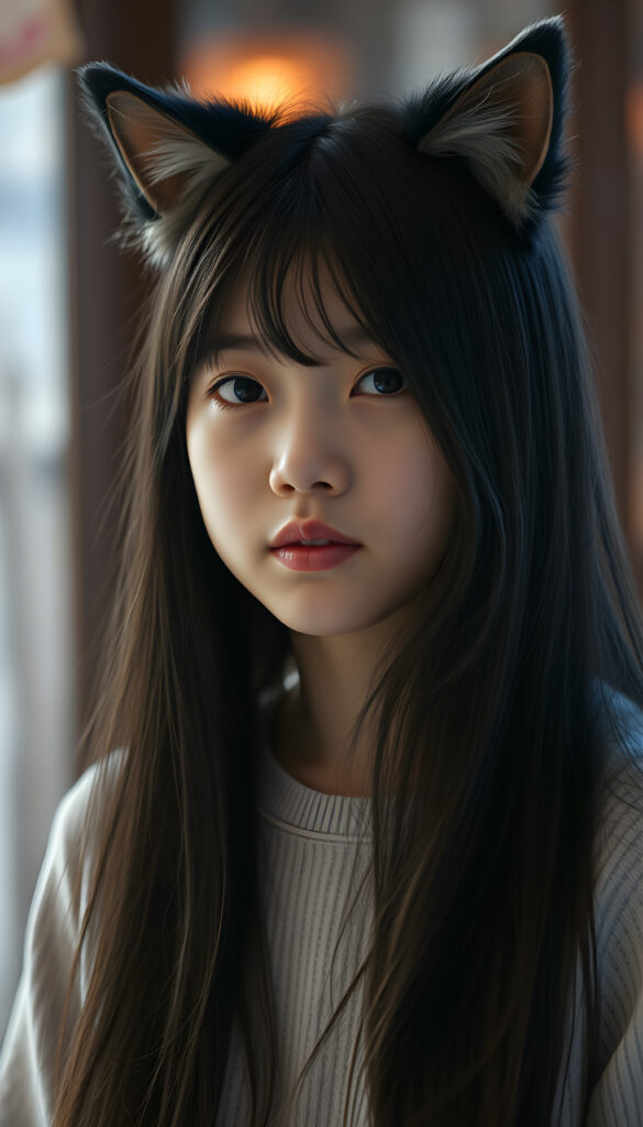 A cute young Asian girl with long, black, detailed hair and fluffy little cat ears.