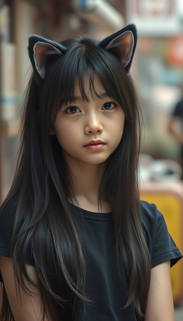 A cute young Asian girl with long, black, detailed hair and fluffy little cat ears.