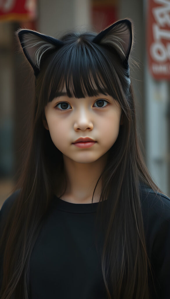 A cute young Asian girl with long, black, detailed hair and fluffy little cat ears.