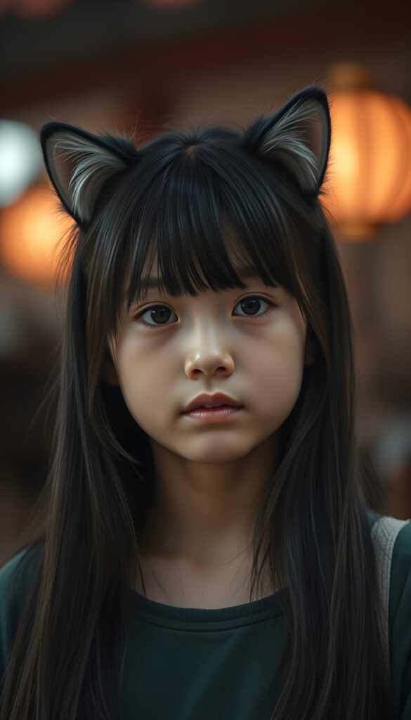 A cute young Asian girl with long, black, detailed hair and fluffy little cat ears.