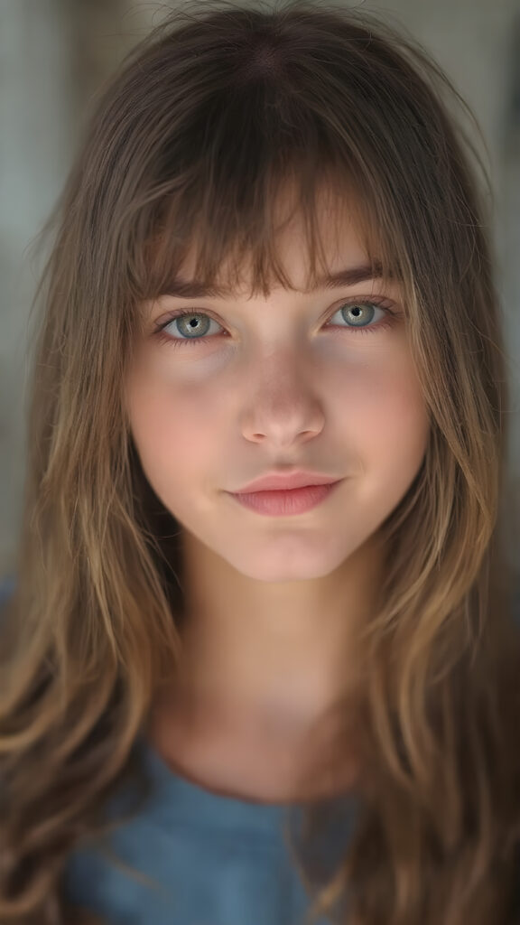 A (((detailed, centered full-body portrait))) featuring a girl with (((long, slightly wavy brown hair))), and (((light brown and pale yellow irises))) that convey a gentle expression. Her lips are full with (((bright red color)), and a (thin, pointed nose) adds to her elegant features. The girl is looking directly at the camera, with a soft focus on her face and the camera's light capturing her whole form. She is dressed in a (((super straight medium length soft blue and pale yellow tones))) with no wrinkles or design elements. The camera's light has illuminated her face and shoulders, giving her a soft glow that complements her overall look. She is smiling warmly. She has a soft, gentle expression that matches the camera's focus on her face. A (professional studio setting) with high resolution and UHD clarity, perfectly capturing the essence of a (professional photograph).