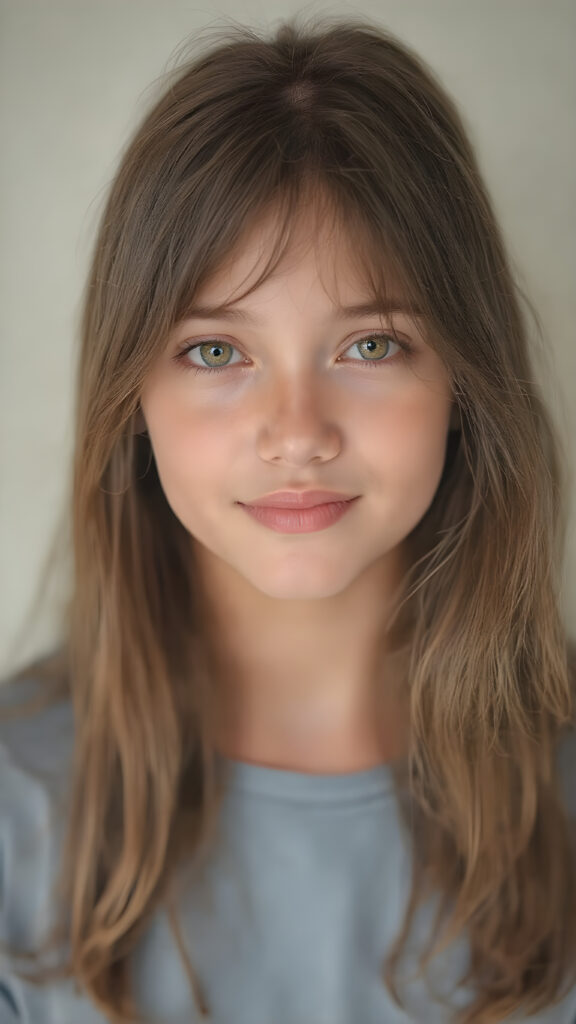 A (((detailed, centered full-body portrait))) featuring a girl with (((long, slightly wavy brown hair))), and (((light brown and pale yellow irises))) that convey a gentle expression. Her lips are full with (((bright red color)), and a (thin, pointed nose) adds to her elegant features. The girl is looking directly at the camera, with a soft focus on her face and the camera's light capturing her whole form. She is dressed in a (((super straight medium length soft blue and pale yellow tones))) with no wrinkles or design elements. The camera's light has illuminated her face and shoulders, giving her a soft glow that complements her overall look. She is smiling warmly. She has a soft, gentle expression that matches the camera's focus on her face. A (professional studio setting) with high resolution and UHD clarity, perfectly capturing the essence of a (professional photograph).