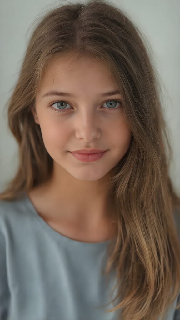 A (((detailed, centered full-body portrait))) featuring a girl with (((long, slightly wavy brown hair))), and (((light brown and pale yellow irises))) that convey a gentle expression. Her lips are full with (((bright red color)), and a (thin, pointed nose) adds to her elegant features. The girl is looking directly at the camera, with a soft focus on her face and the camera's light capturing her whole form. She is dressed in a (((super straight medium length soft blue and pale yellow tones))) with no wrinkles or design elements. The camera's light has illuminated her face and shoulders, giving her a soft glow that complements her overall look. She is smiling warmly. She has a soft, gentle expression that matches the camera's focus on her face. A (professional studio setting) with high resolution and UHD clarity, perfectly capturing the essence of a (professional photograph).