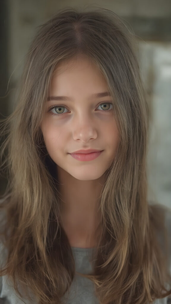 A (((detailed, centered full-body portrait))) featuring a girl with (((long, slightly wavy brown hair))), and (((light brown and pale yellow irises))) that convey a gentle expression. Her lips are full with (((bright red color)), and a (thin, pointed nose) adds to her elegant features. The girl is looking directly at the camera, with a soft focus on her face and the camera's light capturing her whole form. She is dressed in a (((super straight medium length soft blue and pale yellow tones))) with no wrinkles or design elements. The camera's light has illuminated her face and shoulders, giving her a soft glow that complements her overall look. She is smiling warmly. She has a soft, gentle expression that matches the camera's focus on her face. A (professional studio setting) with high resolution and UHD clarity, perfectly capturing the essence of a (professional photograph).
