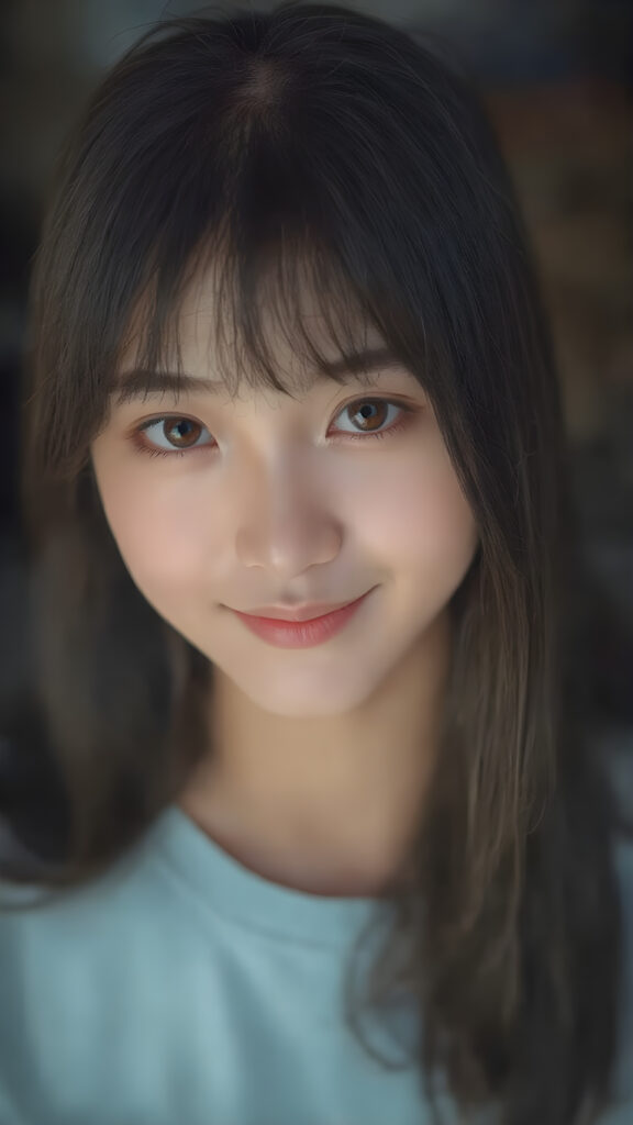 A (((detailed, centered full-body portrait))) featuring a Korean girl with (((long, slightly straight black hair))), and (((light brown and pale yellow irises))) that convey a gentle expression. Her lips are full with (((bright red color)), and a (thin, pointed nose) adds to her elegant features. The girl is looking directly at the camera, with a soft focus on her face and the camera's light capturing her whole form. She is dressed in a (((super straight medium length t-shirt soft blue and pale yellow tones))) with no wrinkles or design elements. The camera's light has illuminated her face and shoulders, giving her a soft glow that complements her overall look. She is smiling warmly. She has a soft, gentle expression that matches the camera's focus on her face. A (professional studio setting) with high resolution and UHD clarity, perfectly capturing the essence of a (professional photograph).