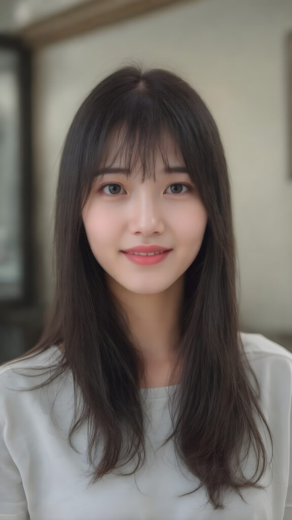 A (((detailed, centered full-body portrait))) featuring a Korean girl with (((long, slightly straight black hair))), and (((light brown and pale yellow irises))) that convey a gentle expression. Her lips are full with (((bright red color)), and a (thin, pointed nose) adds to her elegant features. The girl is looking directly at the camera, with a soft focus on her face and the camera's light capturing her whole form. She is dressed in a (((super straight medium length t-shirt soft blue and pale yellow tones))) with no wrinkles or design elements. The camera's light has illuminated her face and shoulders, giving her a soft glow that complements her overall look. She is smiling warmly. She has a soft, gentle expression that matches the camera's focus on her face. A (professional studio setting) with high resolution and UHD clarity, perfectly capturing the essence of a (professional photograph).