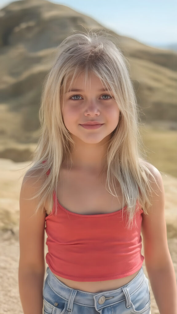 A (((detailed and realistic full-body photo))), capturing a (((very young girl))) with long, straight jet white hair and a gentle smile, dressed in a (((cropped spaghetti tank top))), which accentuates her (flawlessly proportioned figure), with (white skin tight blue jeans) that convey a sense of comfort and style. Her eyes are (((brown))) and exude a sense of youthful vitality. The backdrop is (perfectly clear and sunny day) with (golden brown skin) and (softly rolling hills) that enhance the natural beauty of the scene, you can see her perfect cute round belly button