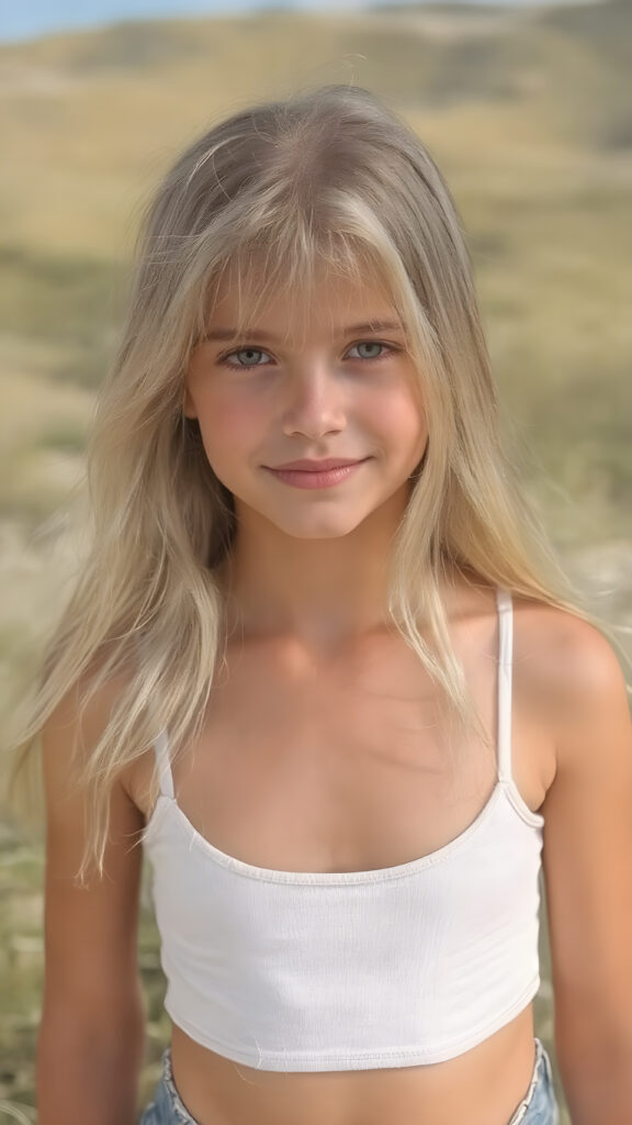 A (((detailed and realistic full-body photo))), capturing a (((very young girl))) with long, straight jet white hair and a gentle smile, dressed in a (((cropped spaghetti tank top))), which accentuates her (flawlessly proportioned figure), with (white skin tight blue jeans) that convey a sense of comfort and style. Her eyes are (((brown))) and exude a sense of youthful vitality. The backdrop is (perfectly clear and sunny day) with (golden brown skin) and (softly rolling hills) that enhance the natural beauty of the scene, you can see her perfect cute round belly button