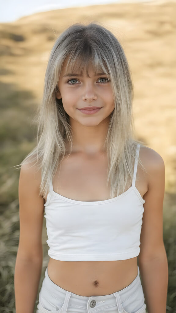 A (((detailed and realistic full-body photo))), capturing a (((very young girl))) with long, straight jet white hair and a gentle smile, dressed in a (((cropped spaghetti tank top))), which accentuates her (flawlessly proportioned figure), with (white skin tight blue jeans) that convey a sense of comfort and style. Her eyes are (((brown))) and exude a sense of youthful vitality. The backdrop is (perfectly clear and sunny day) with (golden brown skin) and (softly rolling hills) that enhance the natural beauty of the scene, you can see her perfect cute round belly button