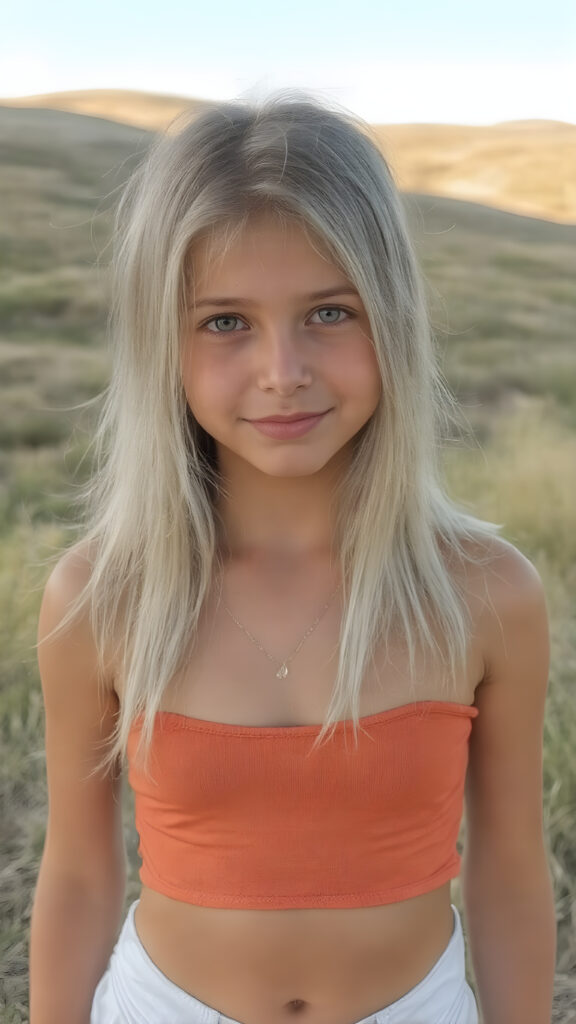 A (((detailed and realistic full-body photo))), capturing a (((very young girl))) with long, straight jet white hair and a gentle smile, dressed in a (((cropped spaghetti tank top))), which accentuates her (flawlessly proportioned figure), with (white skin tight blue jeans) that convey a sense of comfort and style. Her eyes are (((brown))) and exude a sense of youthful vitality. The backdrop is (perfectly clear and sunny day) with (golden brown skin) and (softly rolling hills) that enhance the natural beauty of the scene, you can see her perfect cute round belly button