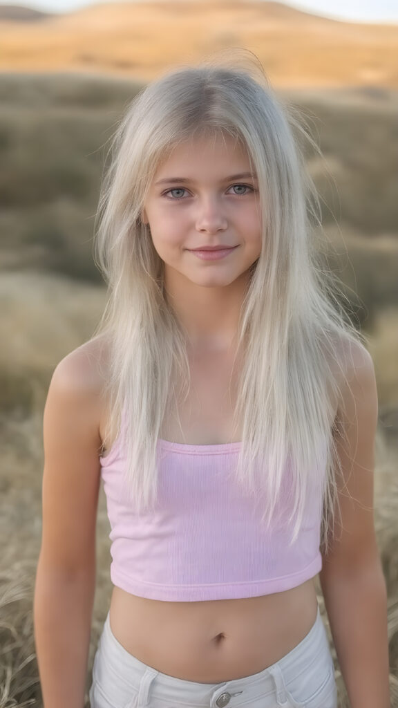 A (((detailed and realistic full-body photo))), capturing a (((very young girl))) with long, straight jet white hair and a gentle smile, dressed in a (((cropped spaghetti tank top))), which accentuates her (flawlessly proportioned figure), with (white skin tight blue jeans) that convey a sense of comfort and style. Her eyes are (((brown))) and exude a sense of youthful vitality. The backdrop is (perfectly clear and sunny day) with (golden brown skin) and (softly rolling hills) that enhance the natural beauty of the scene, you can see her perfect cute round belly button