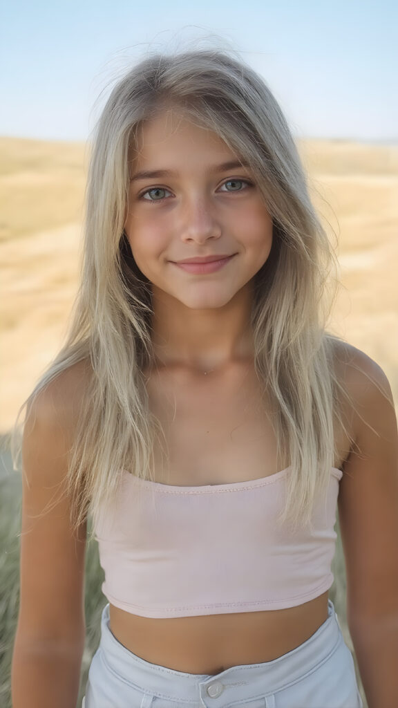 A (((detailed and realistic full-body photo))), capturing a (((very young girl))) with long, straight jet white hair and a gentle smile, dressed in a (((cropped spaghetti tank top))), which accentuates her (flawlessly proportioned figure), with (white skin tight blue jeans) that convey a sense of comfort and style. Her eyes are (((brown))) and exude a sense of youthful vitality. The backdrop is (perfectly clear and sunny day) with (golden brown skin) and (softly rolling hills) that enhance the natural beauty of the scene, you can see her perfect cute round belly button